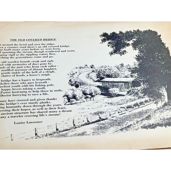 Louise Lawrence Poem The Old Covered Bridge Sketch Drawing Unframed Vtg - Picture 3 of 6